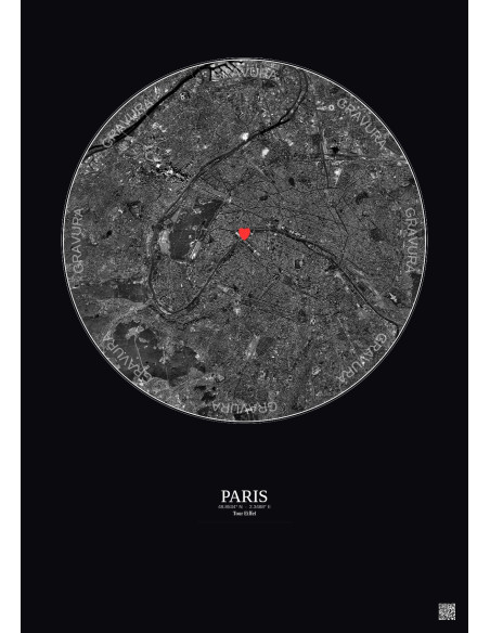 Paris - Vue satellite personnalisée 10 km · N&B · Fond foncé