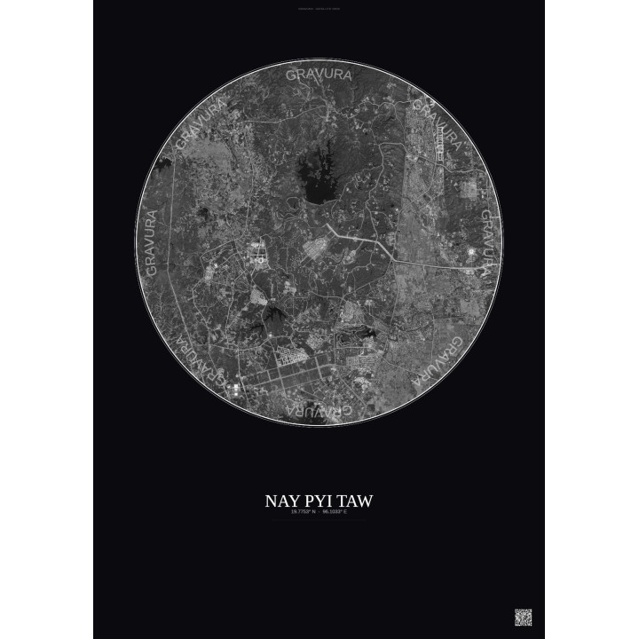 Nay Pyi Taw Satellite View Poster 10km B&W | Gravura – Dark background