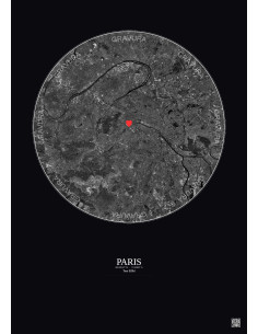 Paris - Vue satellite personnalisée 15 km · N&B · Fond foncé