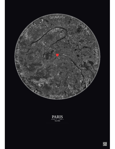 Paris - Vue satellite personnalisée 15 km · N&B · Fond foncé