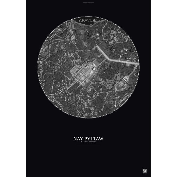 Nay Pyi Taw Satellite View Poster 2.5km B&W | Gravura – Dark background