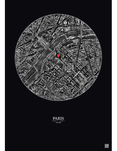 Paris - Vue satellite personnalisée 1 km · N&B · Fond foncé