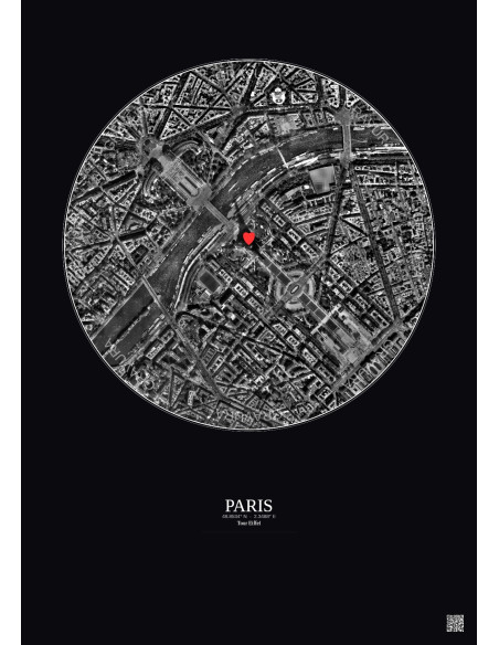 Paris - Vue satellite personnalisée 1 km · N&B · Fond foncé
