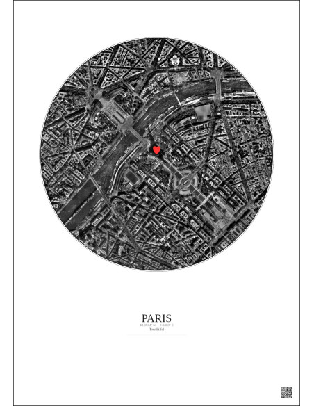 Paris - Vue satellite personnalisée 1 km · N&B · Fond clair