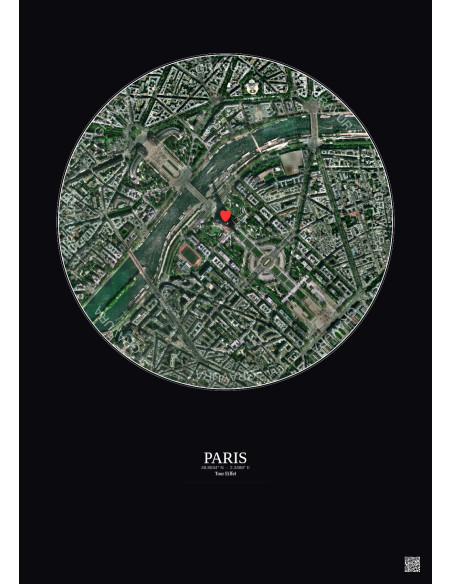 Paris - Vue satellite personnalisée 1 km · Couleur · Fond foncé