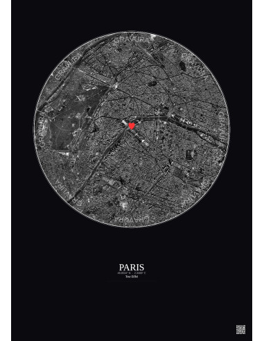 Paris - Vue satellite personnalisée 5 km · N&B · Fond foncé