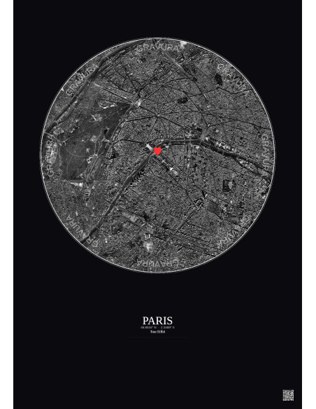 Paris - Vue satellite personnalisée 5 km · N&B · Fond foncé
