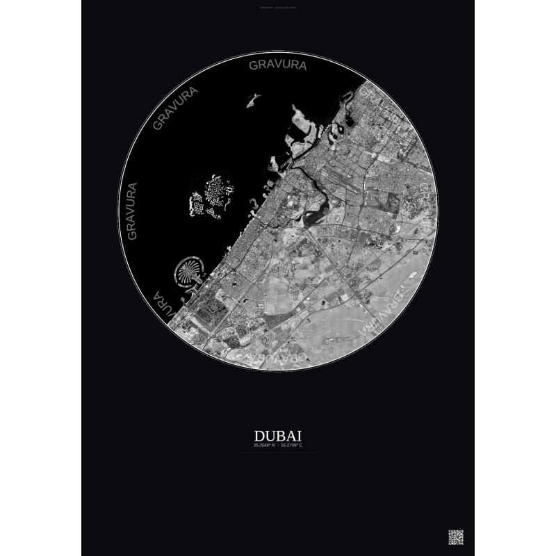 Affiche Dubai – Poster vue satellite 25km N&B | Gravura – Fond foncé