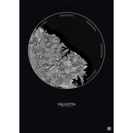 Affiche Valletta – Poster vue satellite 10km N&B | Gravura – Fond foncé