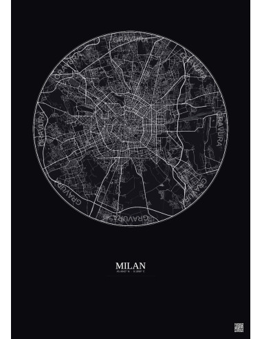 Affiche Milan – Poster carte de ville 10km | Gravura – Fond foncé