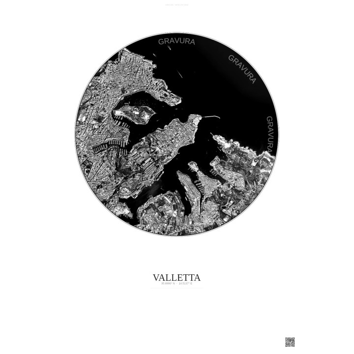 Valletta Satellite View Poster 2.5km B&W | Gravura – Light background