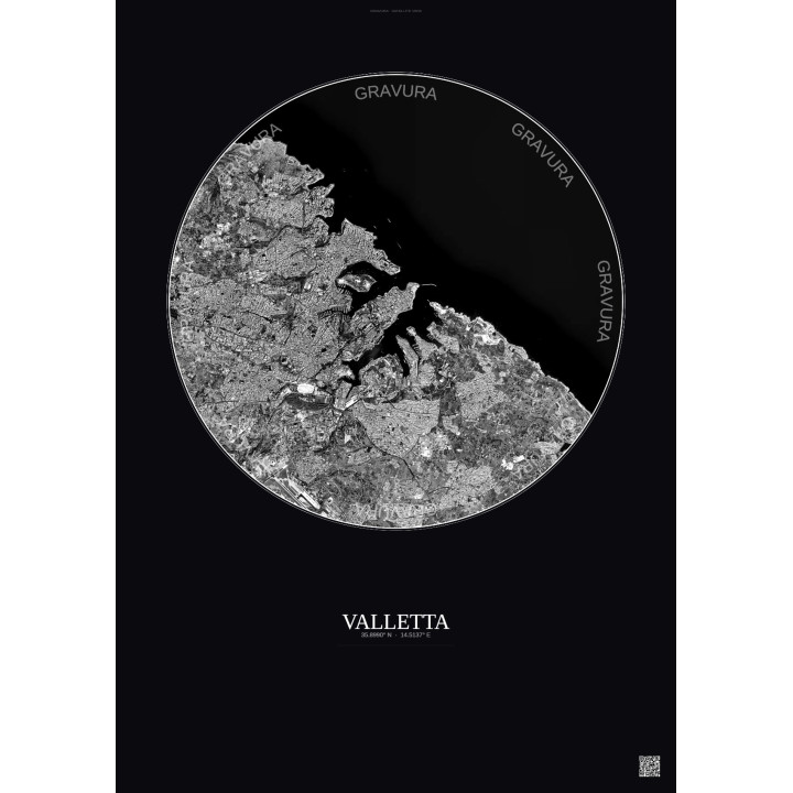Valletta Satellite View Poster 6km B&W | Gravura – Dark background