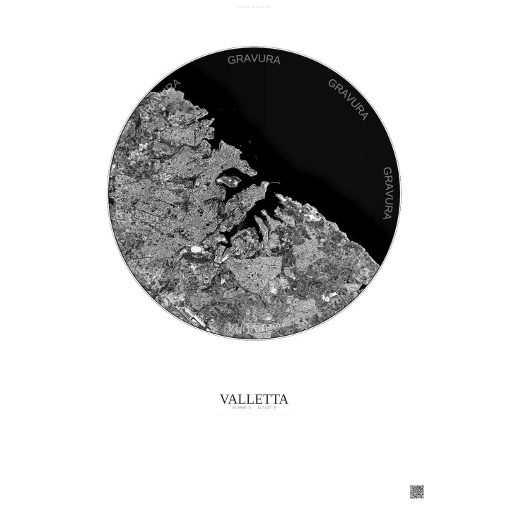 Valletta Satellite View Poster 6km B&W | Gravura – Light background