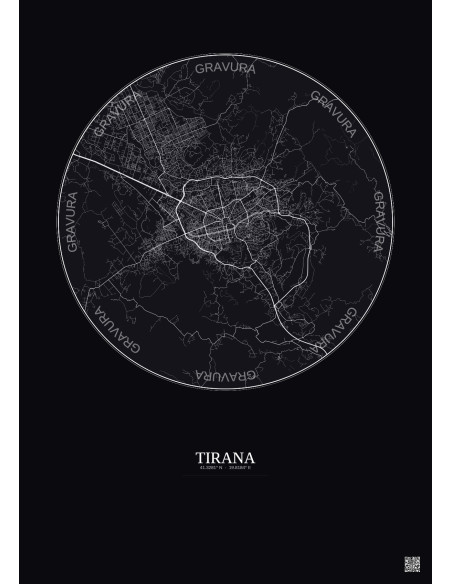 Tirana City Map Poster 10km | Gravura – Dark background