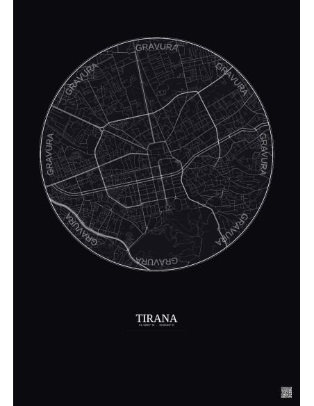 Affiche Tirana – Poster carte de ville 2.5km | Gravura – Fond foncé