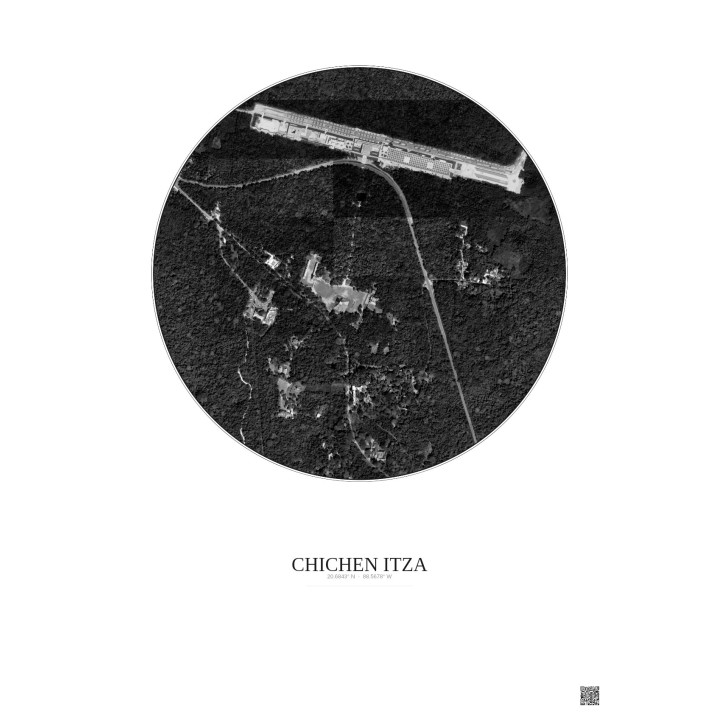 Affiche Chichen Itza – Poster vue satellite 1km N&B | Gravura – Fond clair