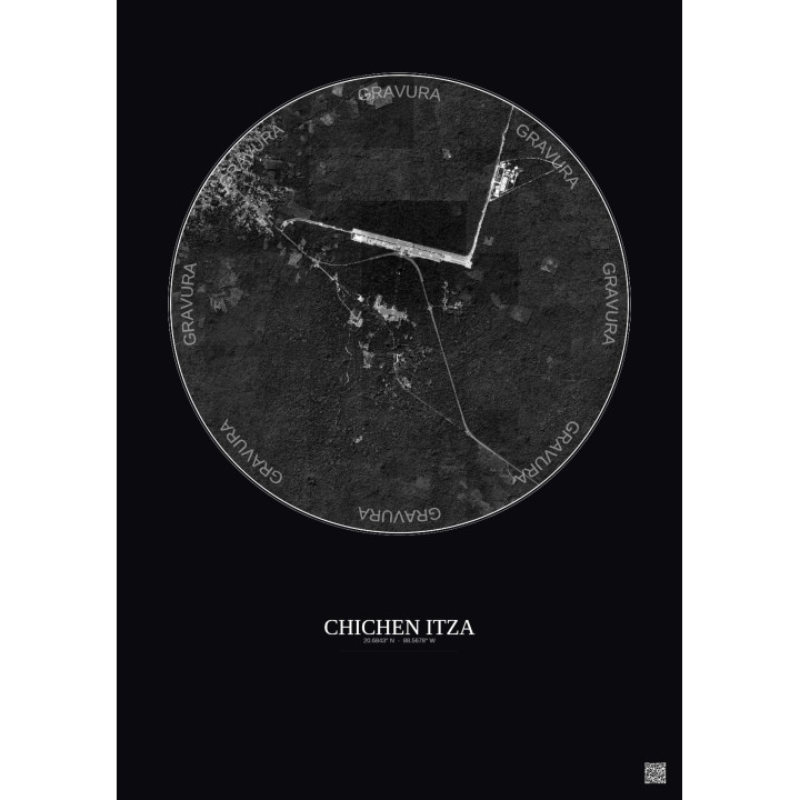 Affiche Chichen Itza – Poster vue satellite 2.5km N&B | Gravura – Fond foncé