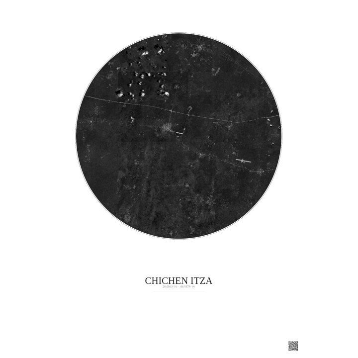 Affiche Chichen Itza – Poster vue satellite 20km N&B | Gravura – Fond clair
