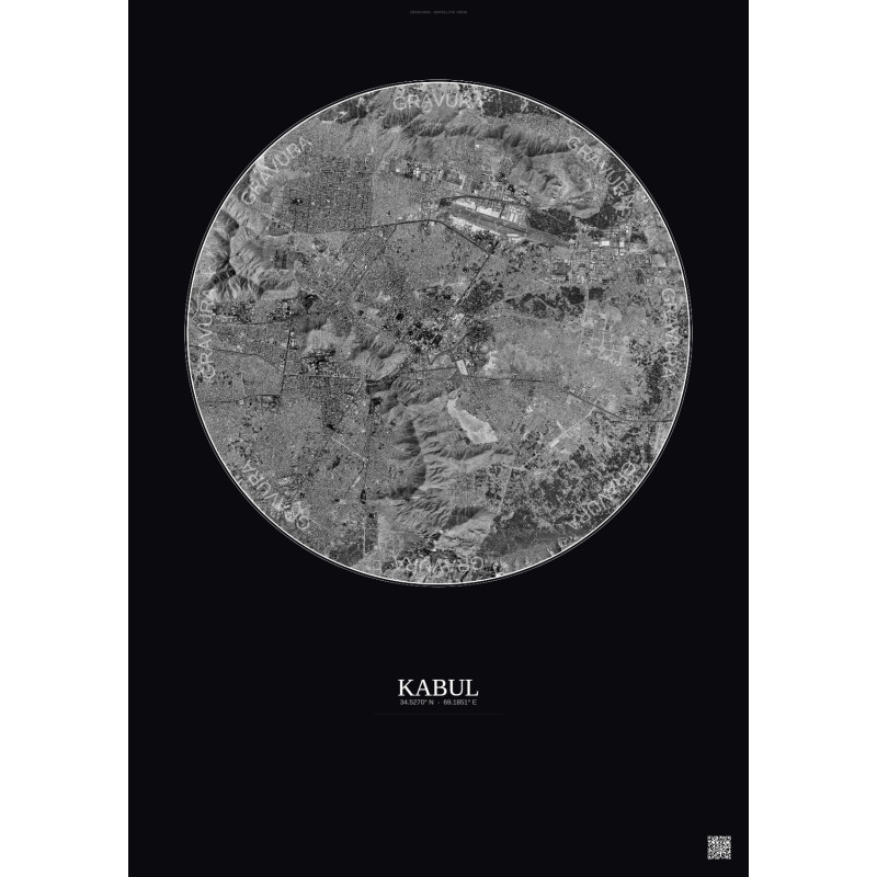Affiche Kabul – Poster vue satellite 10km N&B | Gravura – Fond foncé