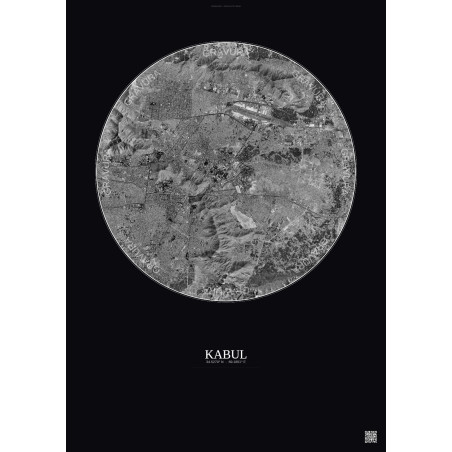 Affiche Kabul – Poster vue satellite 10km N&B | Gravura – Fond foncé