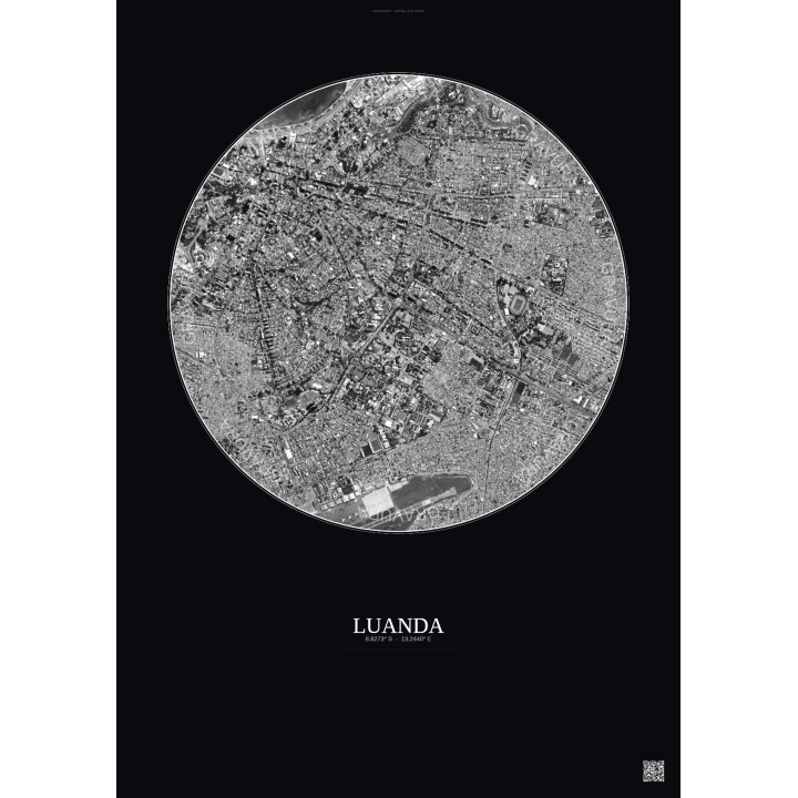 Affiche Luanda – Poster vue satellite 2.5km N&B | Gravura – Fond foncé