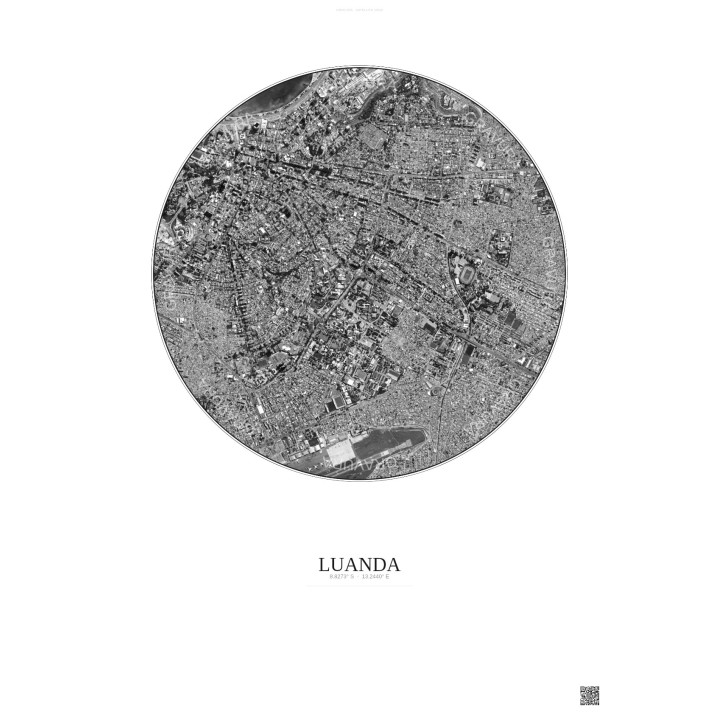 Affiche Luanda – Poster vue satellite 2.5km N&B | Gravura – Fond clair