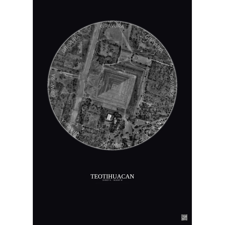 Affiche Teotihuacan – Poster vue satellite 0.5km N&B | Gravura – Fond foncé