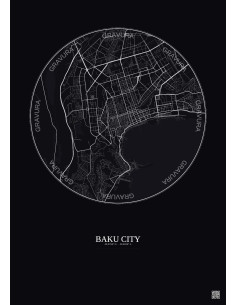 Affiche Baku City – Poster carte de ville 6km | Gravura – Fond foncé