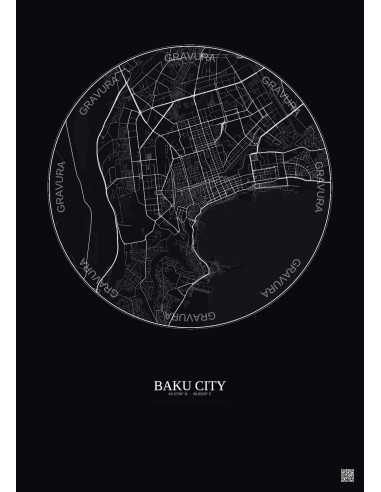 Affiche Baku City – Poster carte de ville 6km | Gravura – Fond foncé