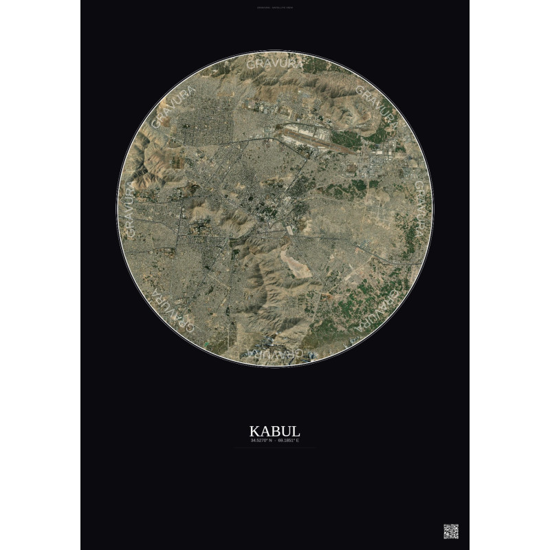 Affiche Kabul – Poster vue satellite 10km Couleur | Gravura – Fond foncé