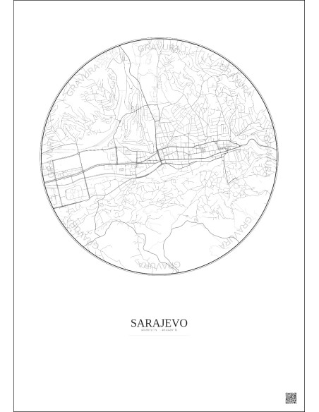Affiche Sarajevo – Poster carte de ville 2.5km | Gravura – Fond clair