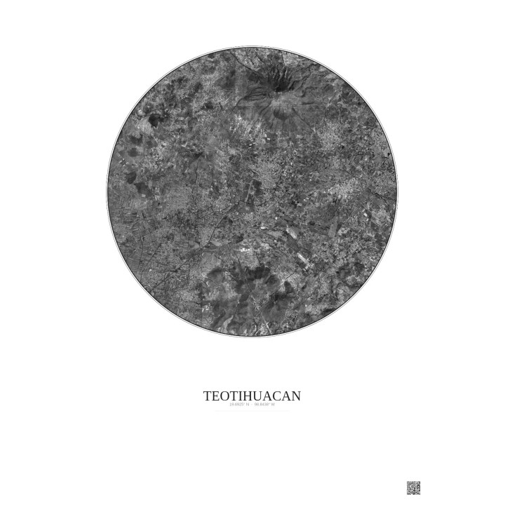 Affiche Teotihuacan – Poster vue satellite 10km N&B | Gravura – Fond clair