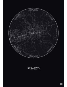 Affiche Sarajevo – Poster carte de ville 6km | Gravura – Fond foncé