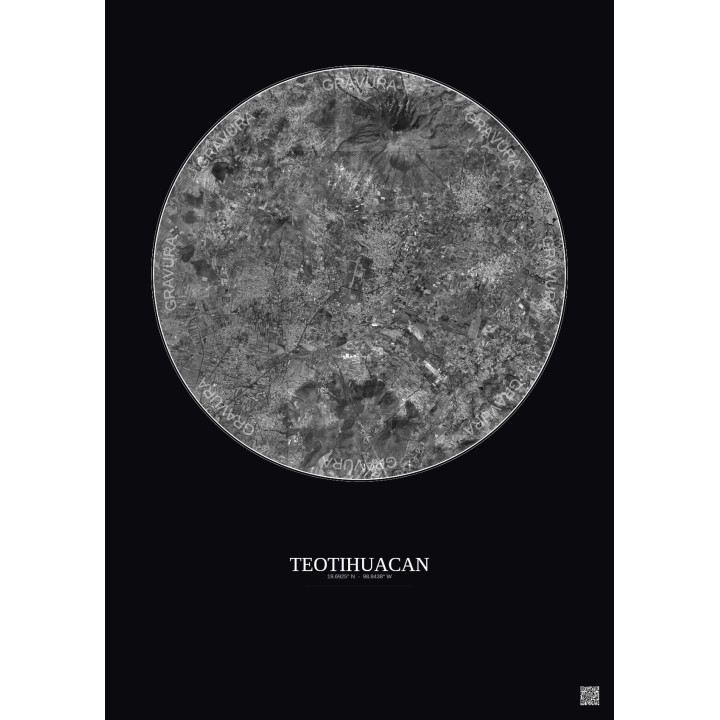 Teotihuacan Satellite View Poster 10km B&W | Gravura – Dark background