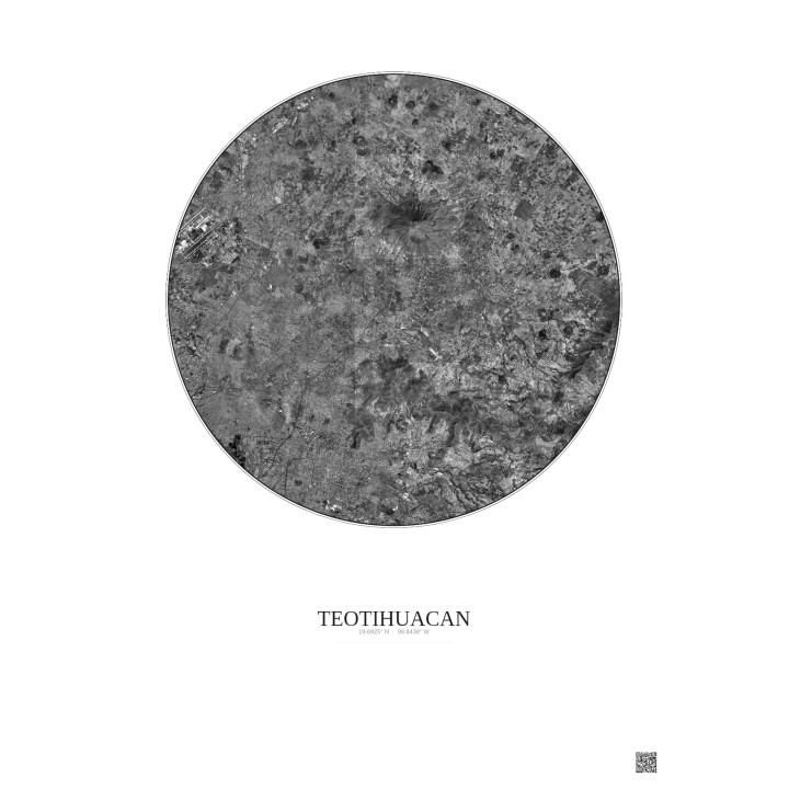 Affiche Teotihuacan – Poster vue satellite 20km N&B | Gravura – Fond clair