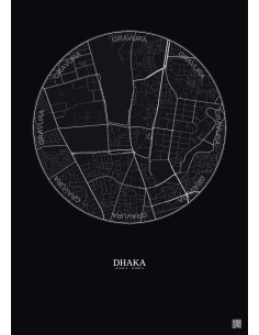 Affiche Dhaka – Poster carte de ville 2.5km | Gravura – Fond foncé