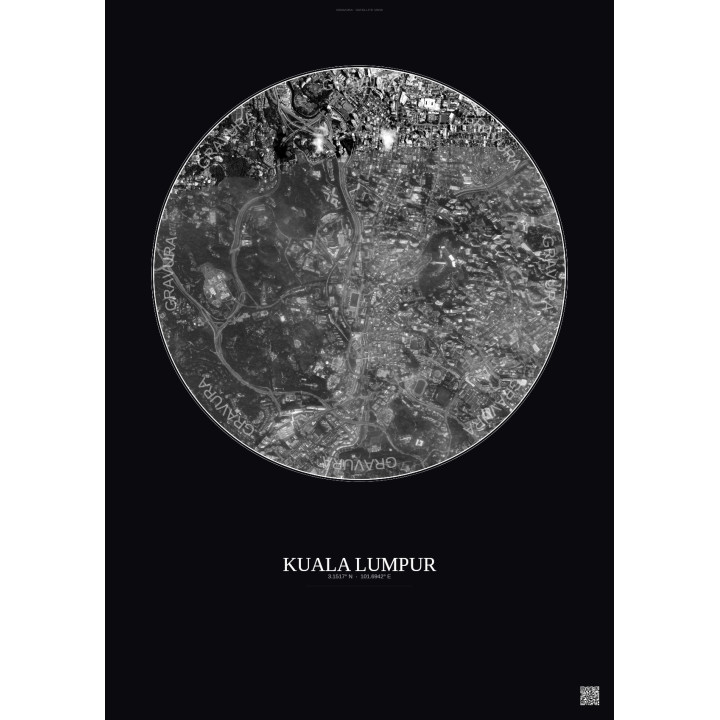 Affiche Kuala Lumpur – Poster vue satellite 2.5km N&B | Gravura – Fond foncé