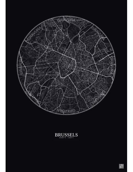 Affiche Brussels – Poster carte de ville 6km | Gravura – Fond foncé