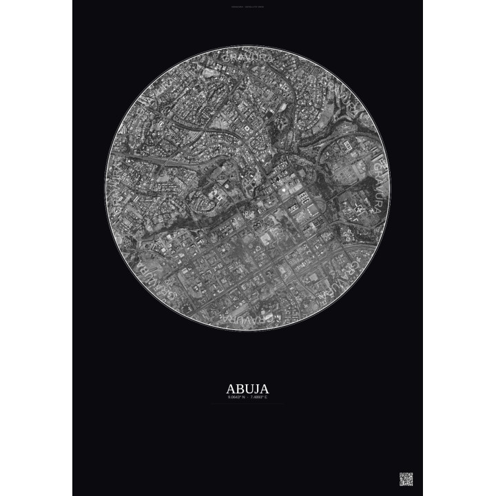 Abuja Satellite View Poster 2.5km B&W | Gravura – Dark background