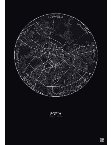 Affiche Sofia – Poster carte de ville 6km | Gravura – Fond foncé
