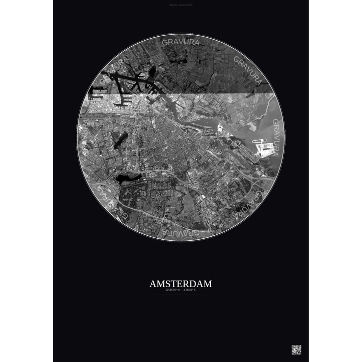 Amsterdam Satellite View Poster 10km B&W | Gravura – Dark background