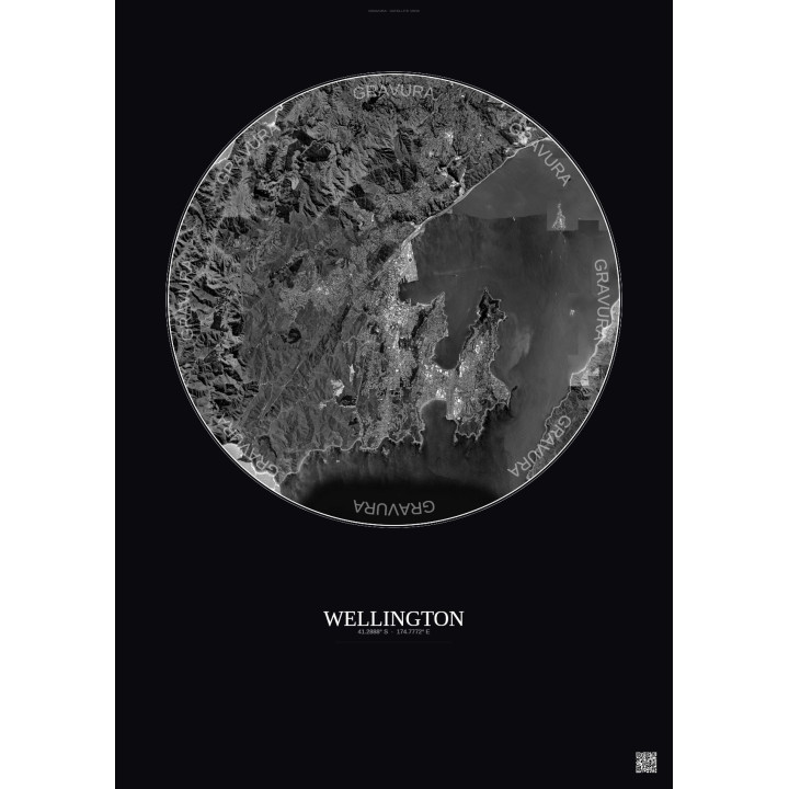 Wellington Satellite View Poster 10km B&W | Gravura – Dark background