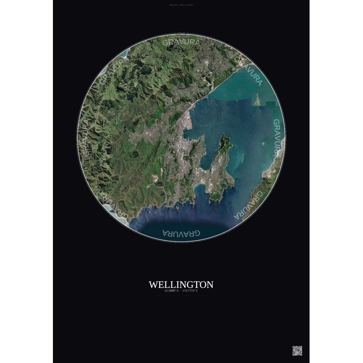 Affiche Wellington – Poster vue satellite 10km Couleur | Gravura – Fond foncé