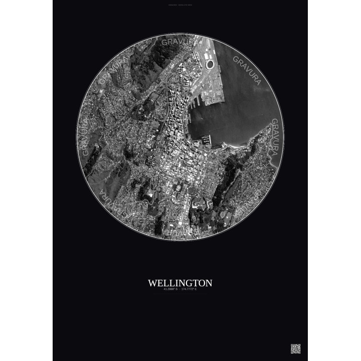 Wellington Satellite View Poster 2.5km B&W | Gravura – Dark background