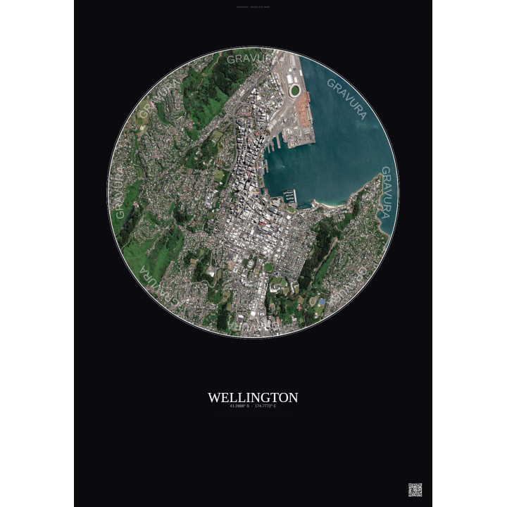 Affiche Wellington – Poster vue satellite 2.5km Couleur | Gravura – Fond foncé