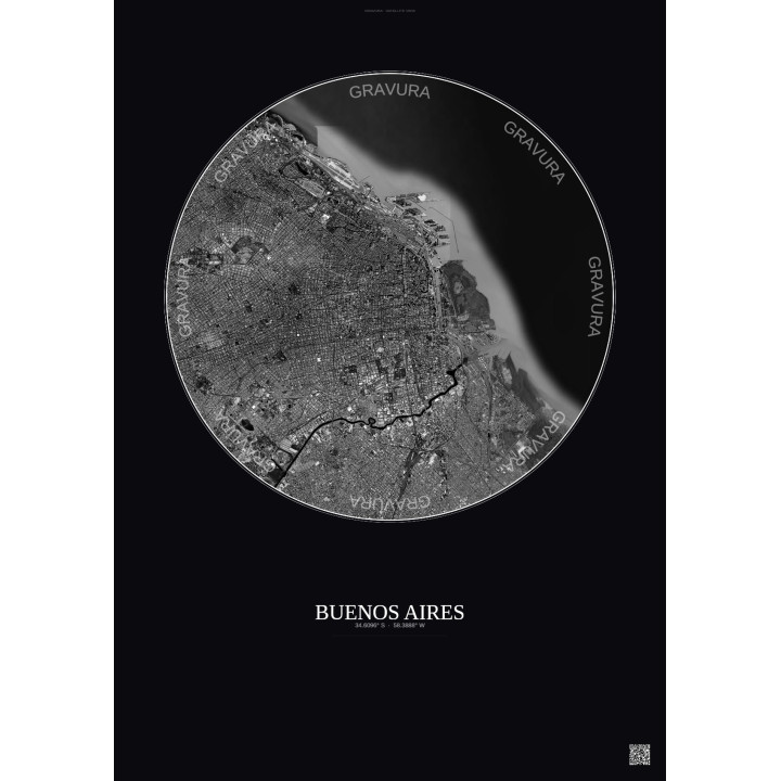 Affiche Buenos Aires – Poster vue satellite 10km N&B | Gravura – Fond foncé