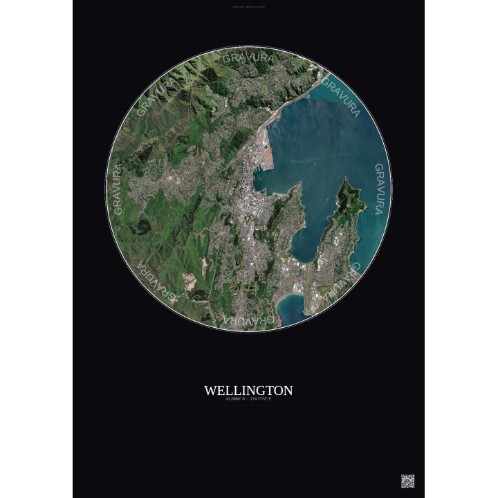 Wellington Satellite View Poster 6km Color | Gravura – Dark background