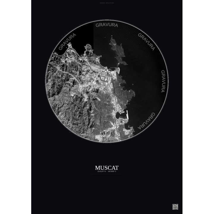 Affiche Muscat – Poster vue satellite 2.5km N&B | Gravura – Fond foncé