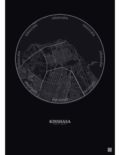 Affiche Kinshasa – Poster carte de ville 6km | Gravura – Fond foncé