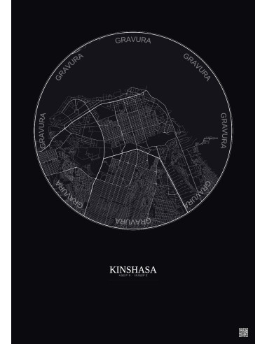 Affiche Kinshasa – Poster carte de ville 6km | Gravura – Fond foncé